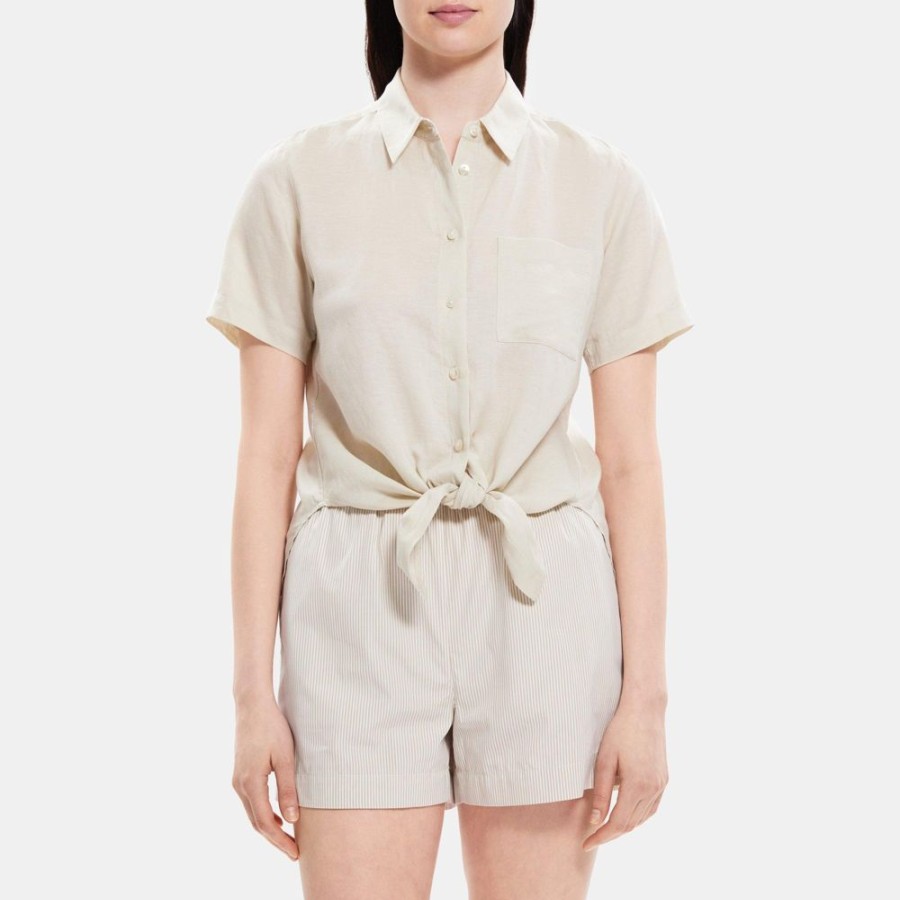 Women Theory Outlet | Tie-Front Shirt In Linen-Tencel Sand