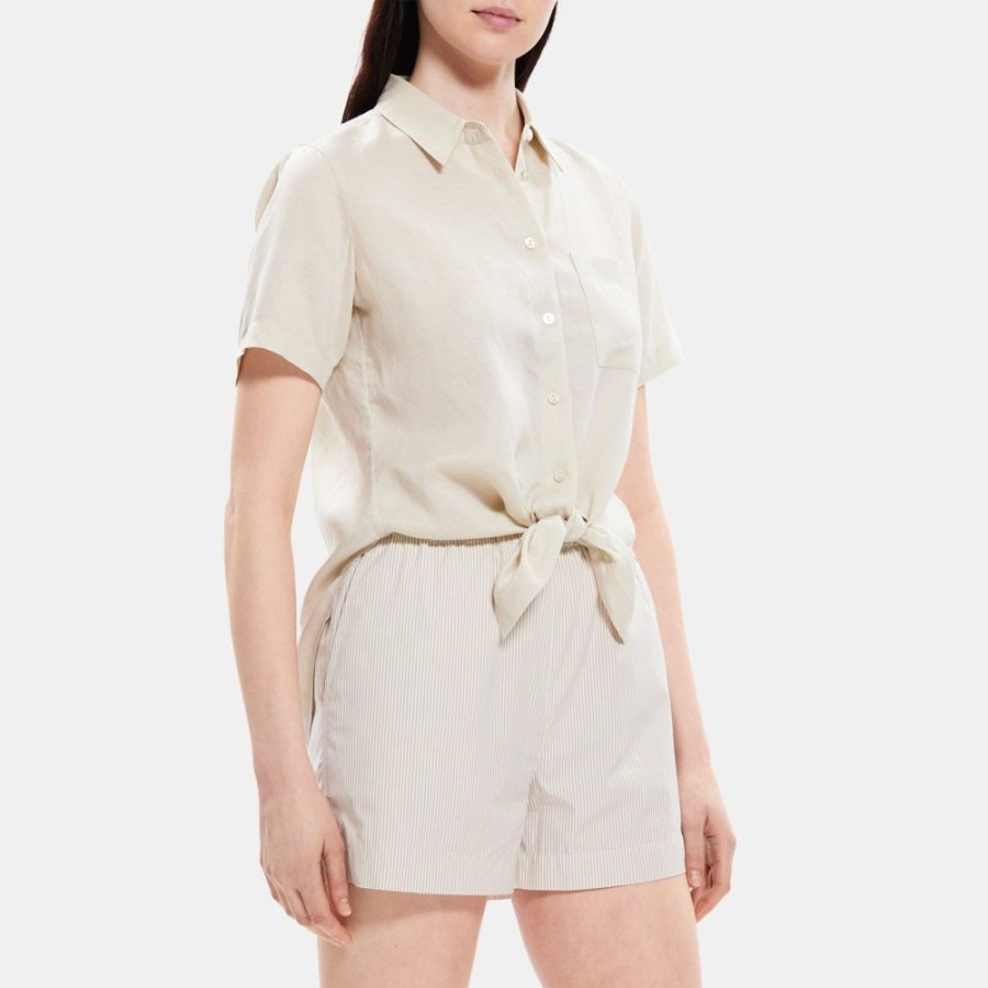 Women Theory Outlet | Tie-Front Shirt In Linen-Tencel Sand