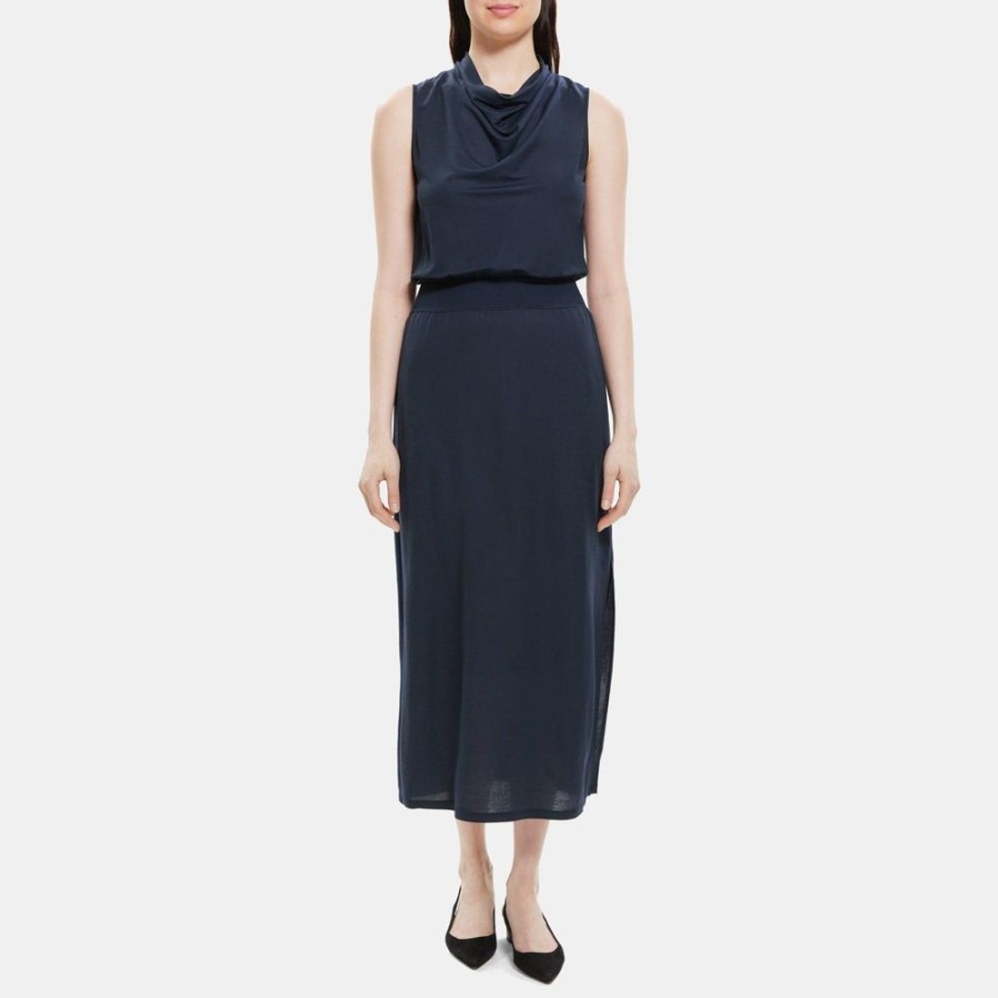 Women Theory Outlet | Sleeveless Cowl Neck Dress In Viscose-Blend Pique Deep Navy