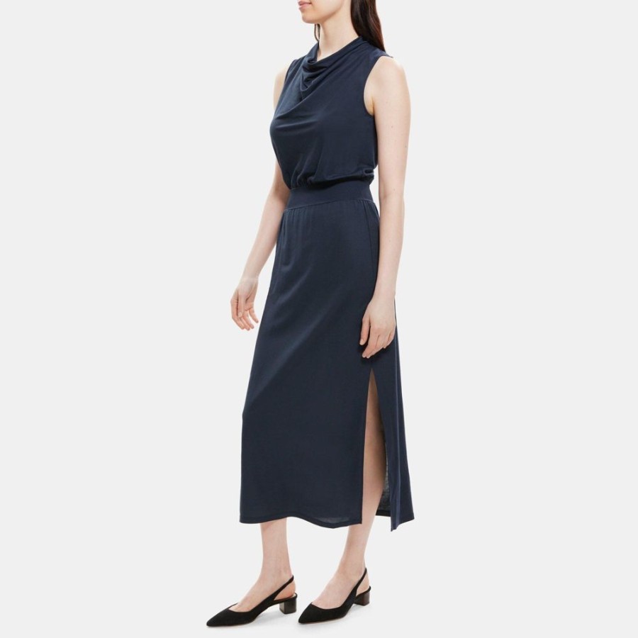 Women Theory Outlet | Sleeveless Cowl Neck Dress In Viscose-Blend Pique Deep Navy