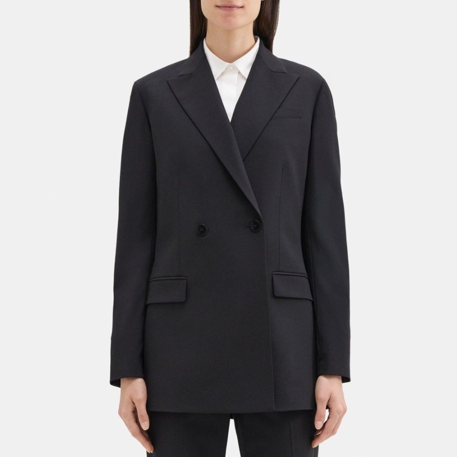 Women Theory Outlet | Double-Breasted Blazer In Sevona Stretch Wool Black