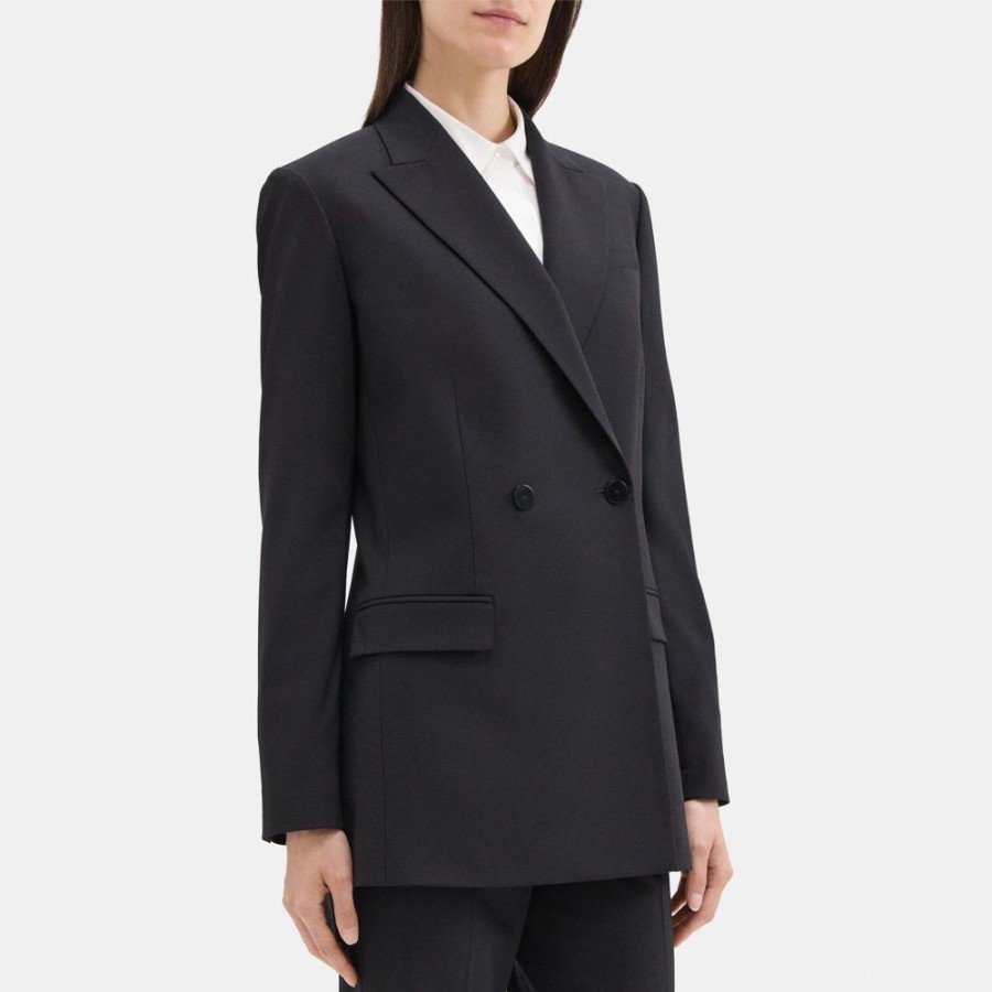 Women Theory Outlet | Double-Breasted Blazer In Sevona Stretch Wool Black