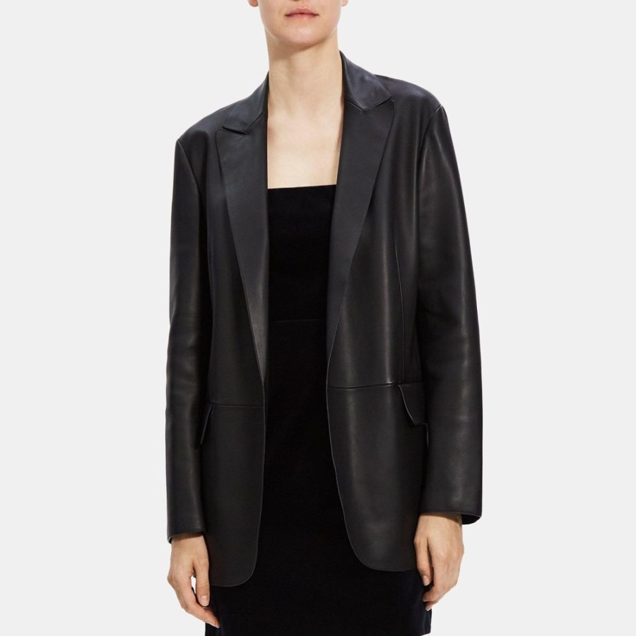 Women Theory Outlet | Relaxed Blazer In Leather Black