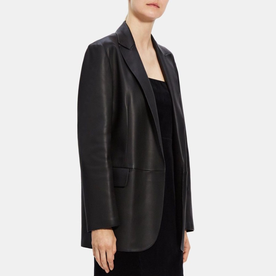 Women Theory Outlet | Relaxed Blazer In Leather Black