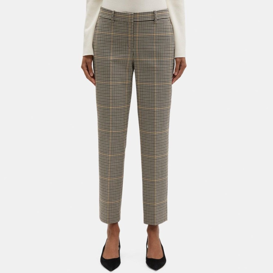 Women Theory Outlet | Classic Crop Pant In Checked Wool-Blend Ivory Multi