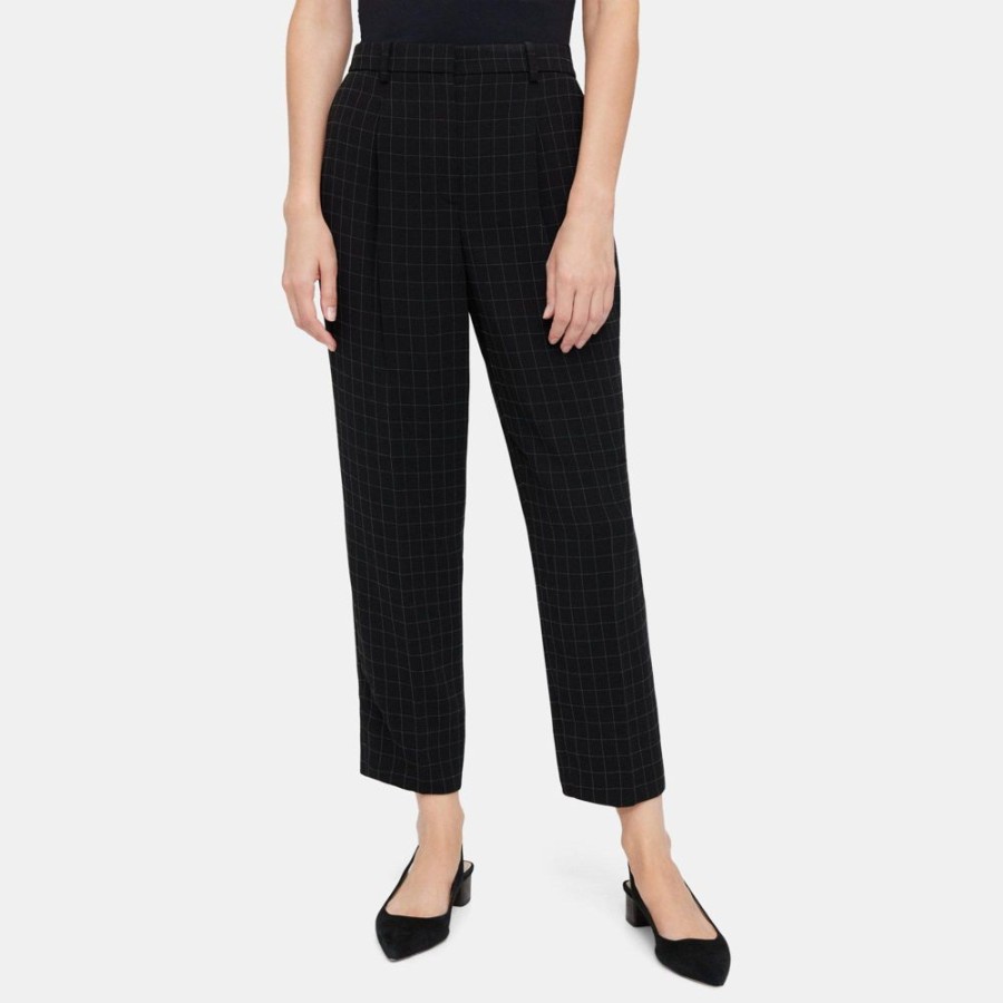 Women Theory Outlet | Pleated Slim Cropped Pant In Checked Crepe Black Multi