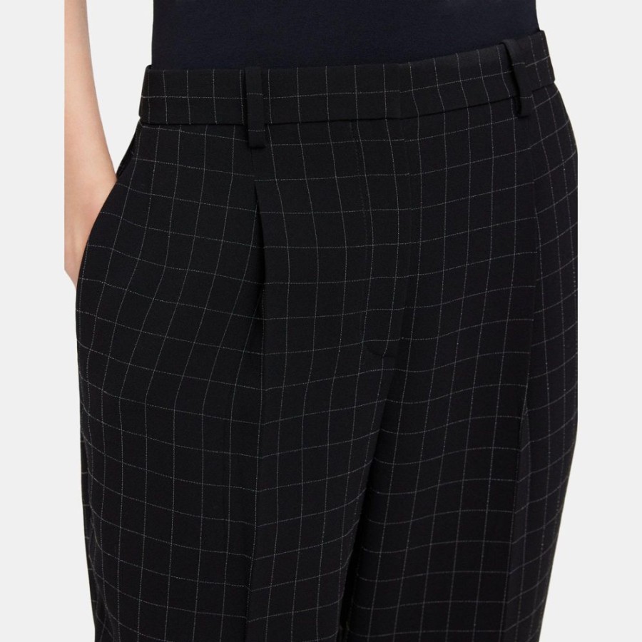 Women Theory Outlet | Pleated Slim Cropped Pant In Checked Crepe Black Multi