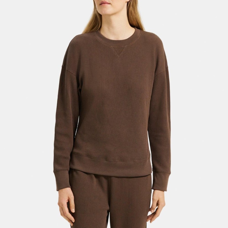 Women Theory Outlet | Easy Crewneck Sweatshirt In Waffle Knit Cotton Brownstone