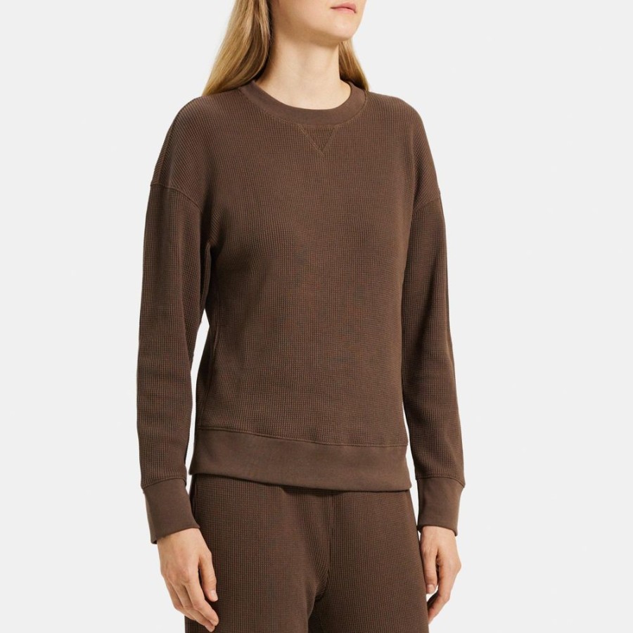 Women Theory Outlet | Easy Crewneck Sweatshirt In Waffle Knit Cotton Brownstone