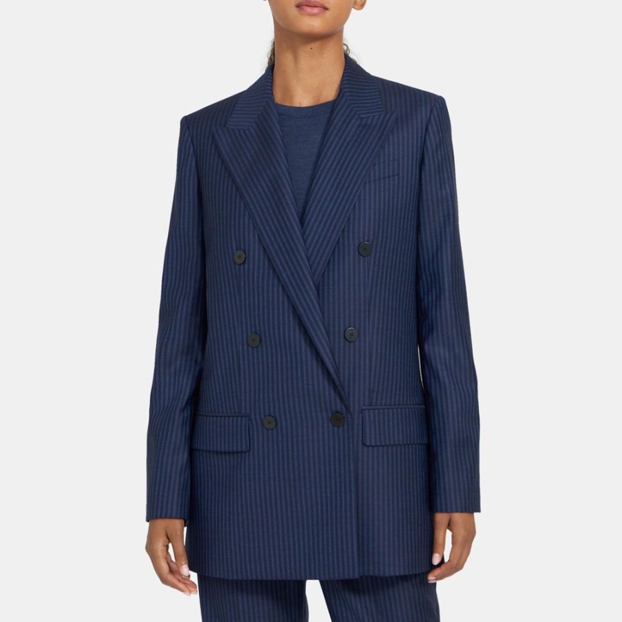 Women Theory Outlet | Straight Double-Breasted Jacket In Striped Wool Navy Sapphire Stripe