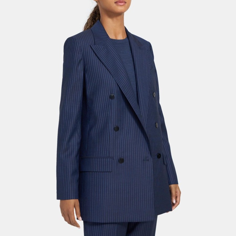 Women Theory Outlet | Straight Double-Breasted Jacket In Striped Wool Navy Sapphire Stripe