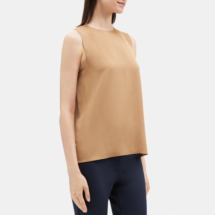 Women Theory Outlet | Straight Shell Top In Silk Georgette Dark Camel