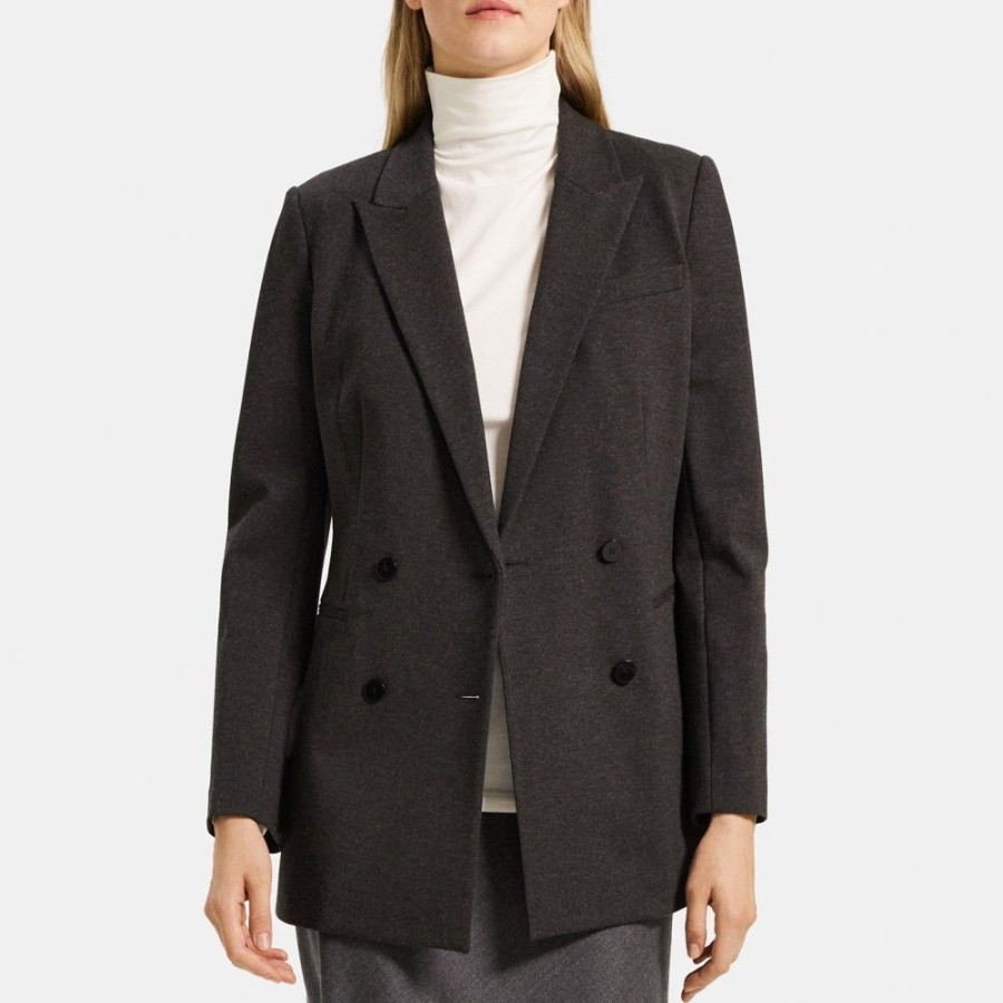 Women Theory Outlet | Double-Breasted Blazer In Heathered Stretch Knit Ponte Charcoal