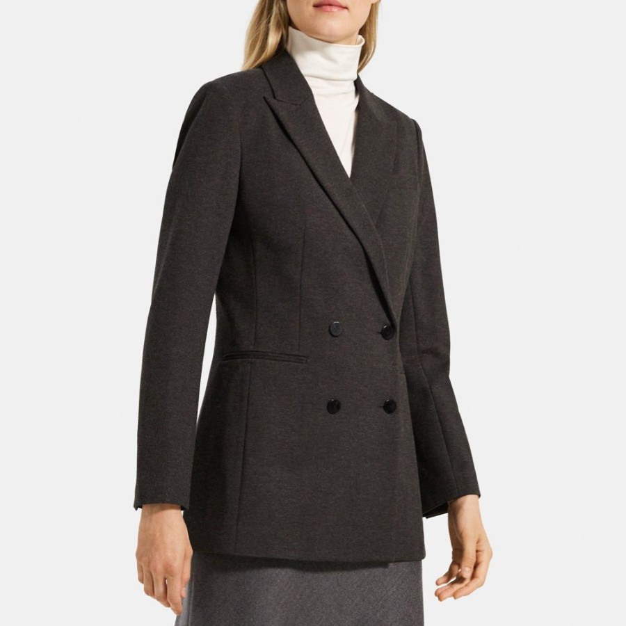 Women Theory Outlet | Double-Breasted Blazer In Heathered Stretch Knit Ponte Charcoal