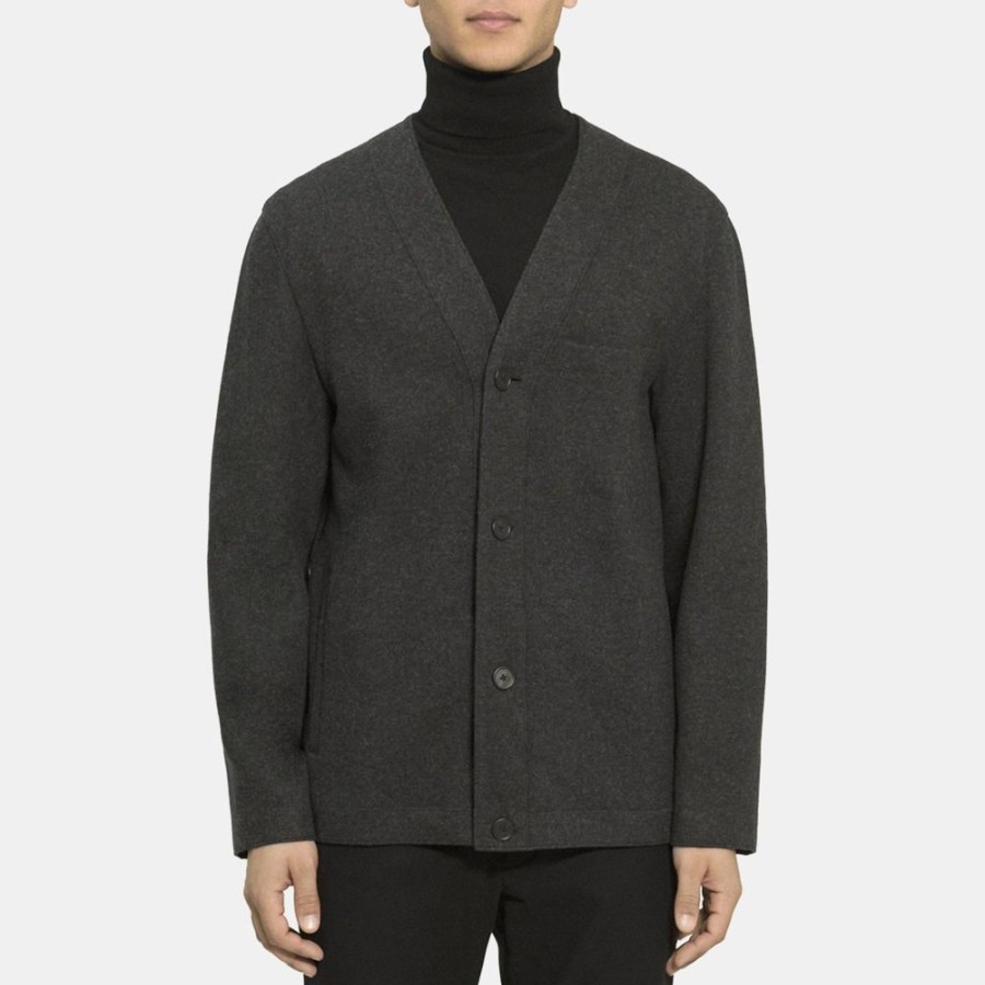 Men Theory Outlet | Collarless Jacket In Double Wool Jersey Pestle Mel/Charcoal