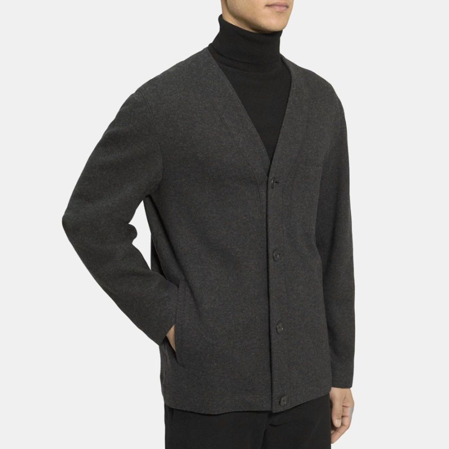 Men Theory Outlet | Collarless Jacket In Double Wool Jersey Pestle Mel/Charcoal