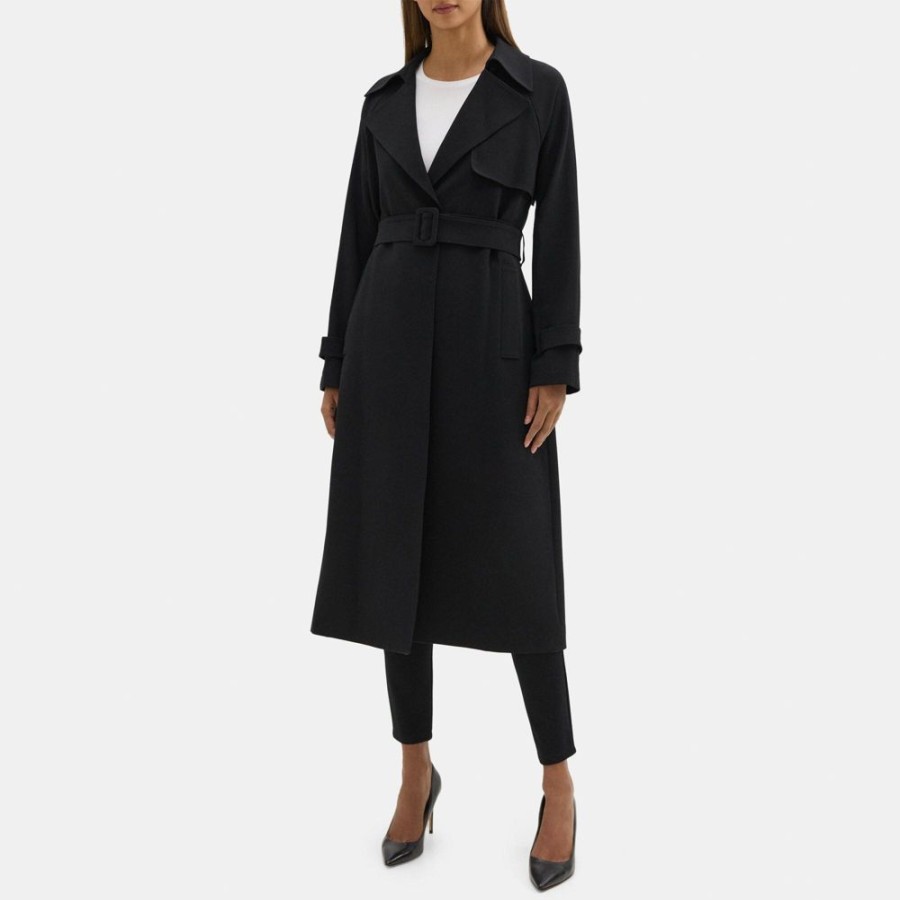 Women Theory Outlet | Relaxed Long Trench Coat In Crepe Black