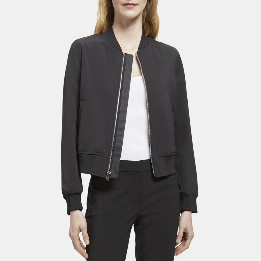 Women Theory Outlet | Cropped Bomber Jacket In Stretch Polyester Black