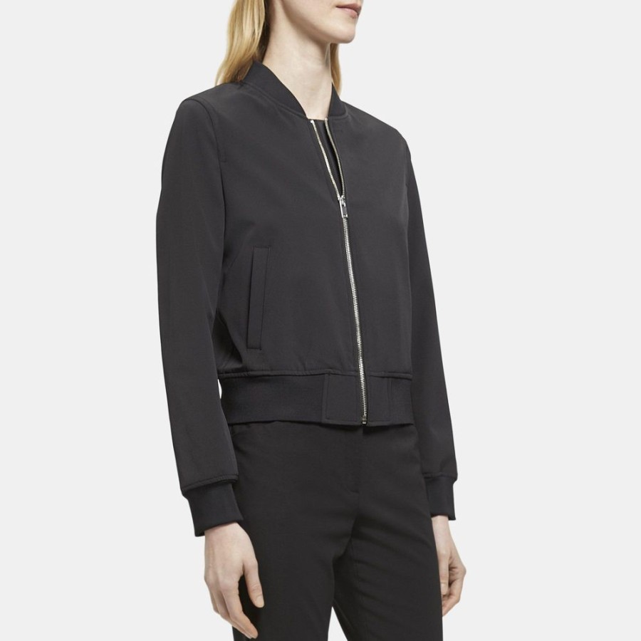 Women Theory Outlet | Cropped Bomber Jacket In Stretch Polyester Black