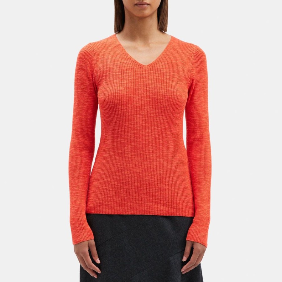 Women Theory Outlet | Rib Knit V-Neck Sweater In Slub Cotton Blend Vermillion