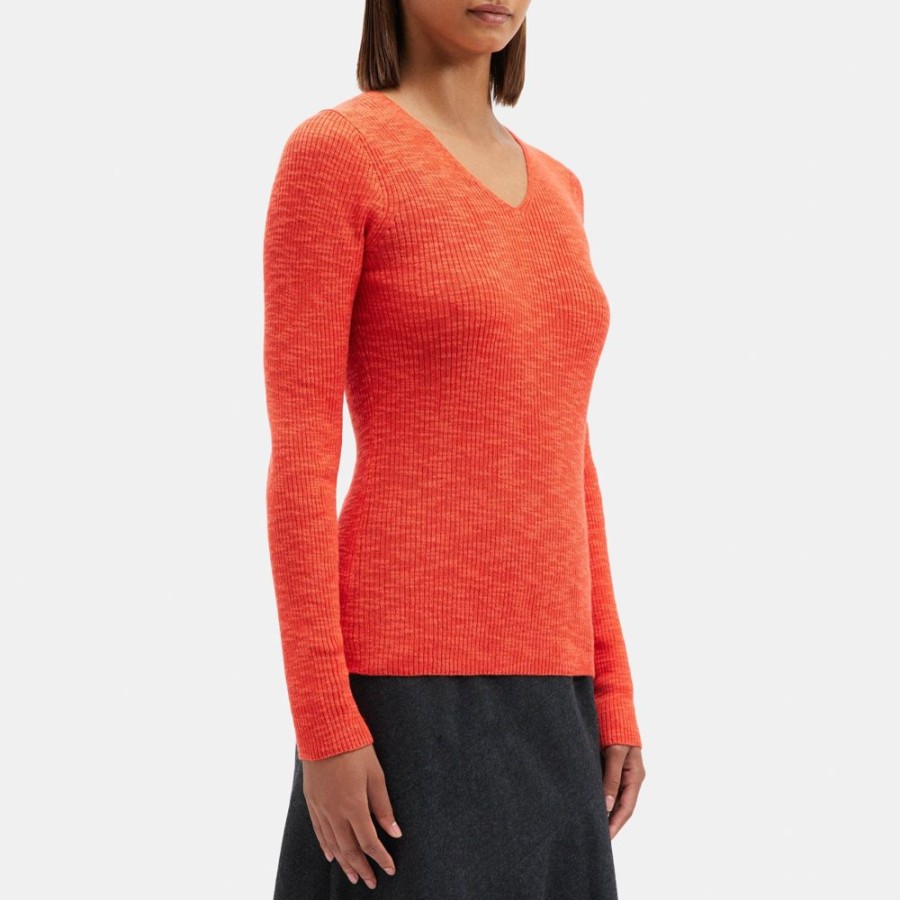 Women Theory Outlet | Rib Knit V-Neck Sweater In Slub Cotton Blend Vermillion