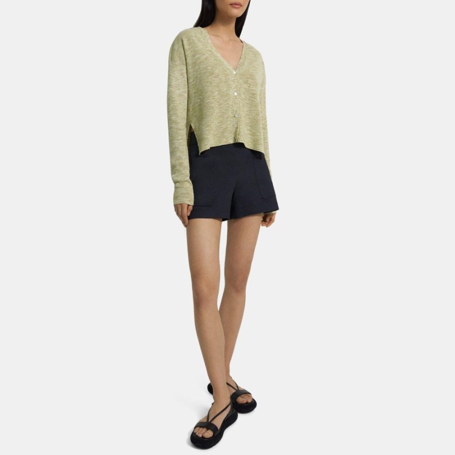 Women Theory Outlet | Cropped Cardigan In Space-Dyed Linen Key Lime Multi