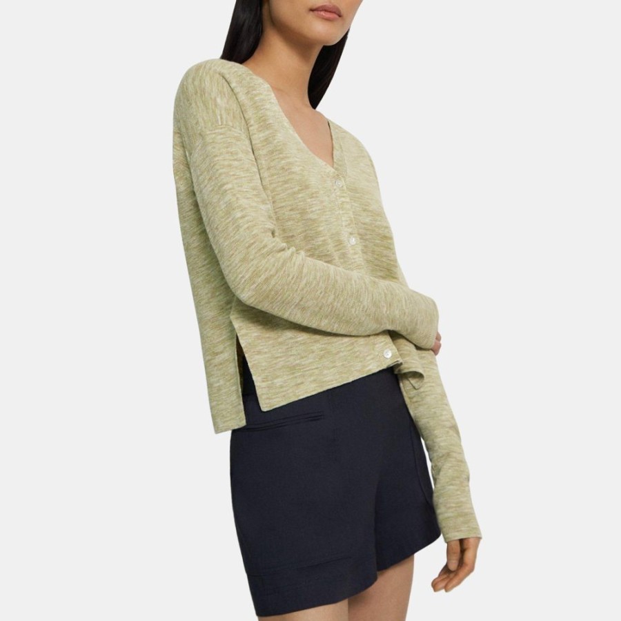 Women Theory Outlet | Cropped Cardigan In Space-Dyed Linen Key Lime Multi