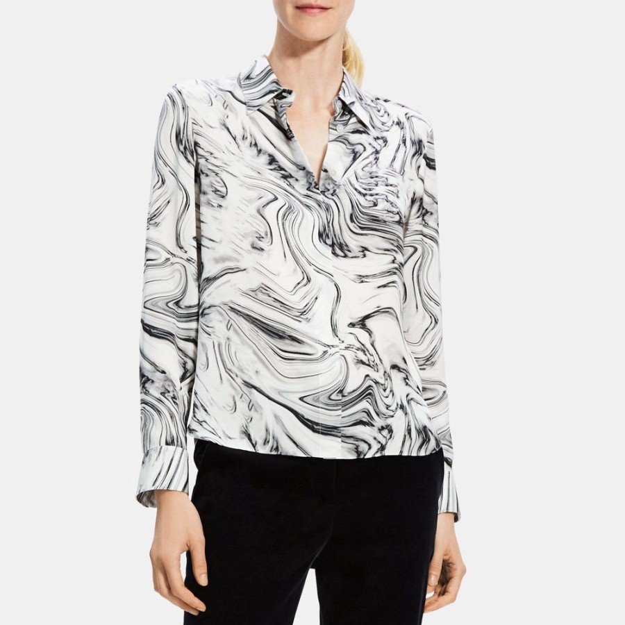 Women Theory Outlet | Straight Shirt In Printed Silk Georgette White Multi