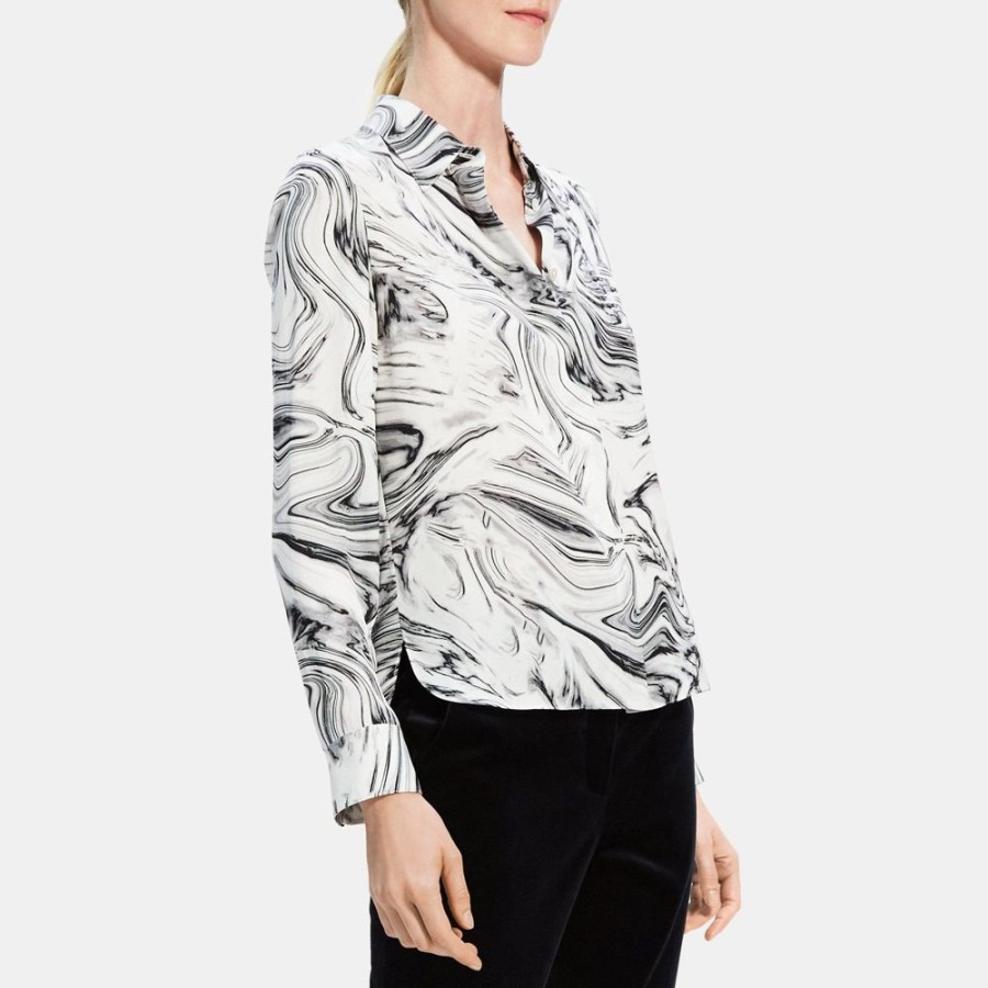 Women Theory Outlet | Straight Shirt In Printed Silk Georgette White Multi