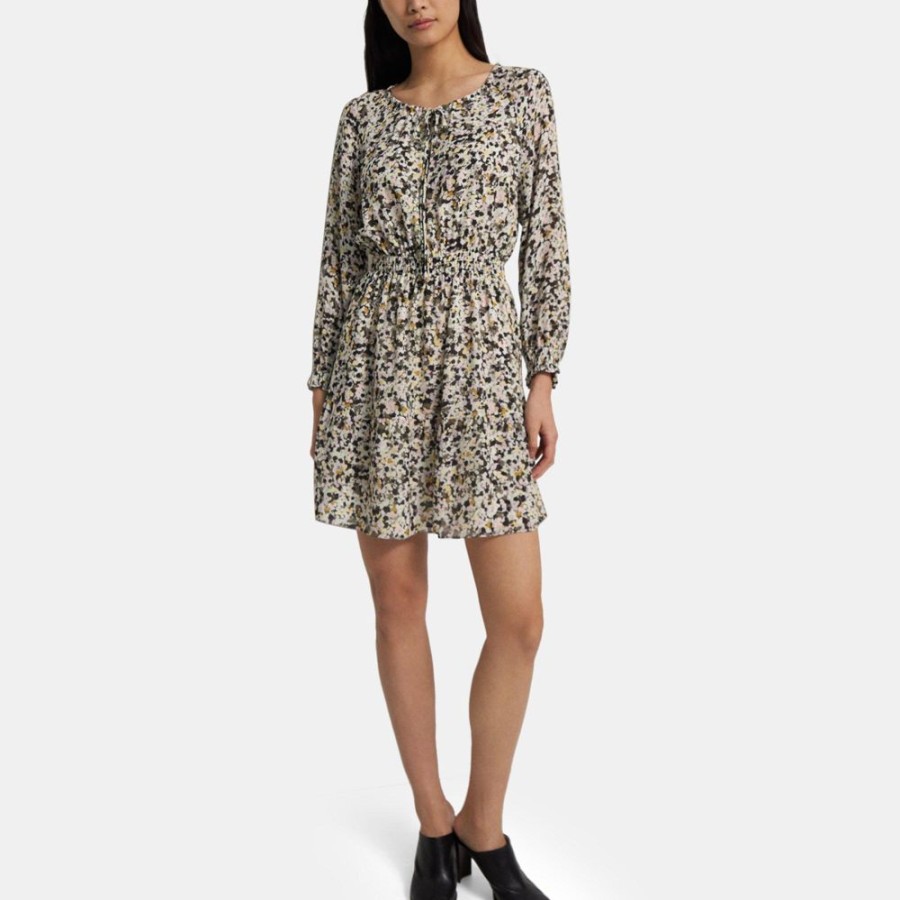 Women Theory Outlet | Gathered Shirt Dress In Floral Silk Crepe Multi