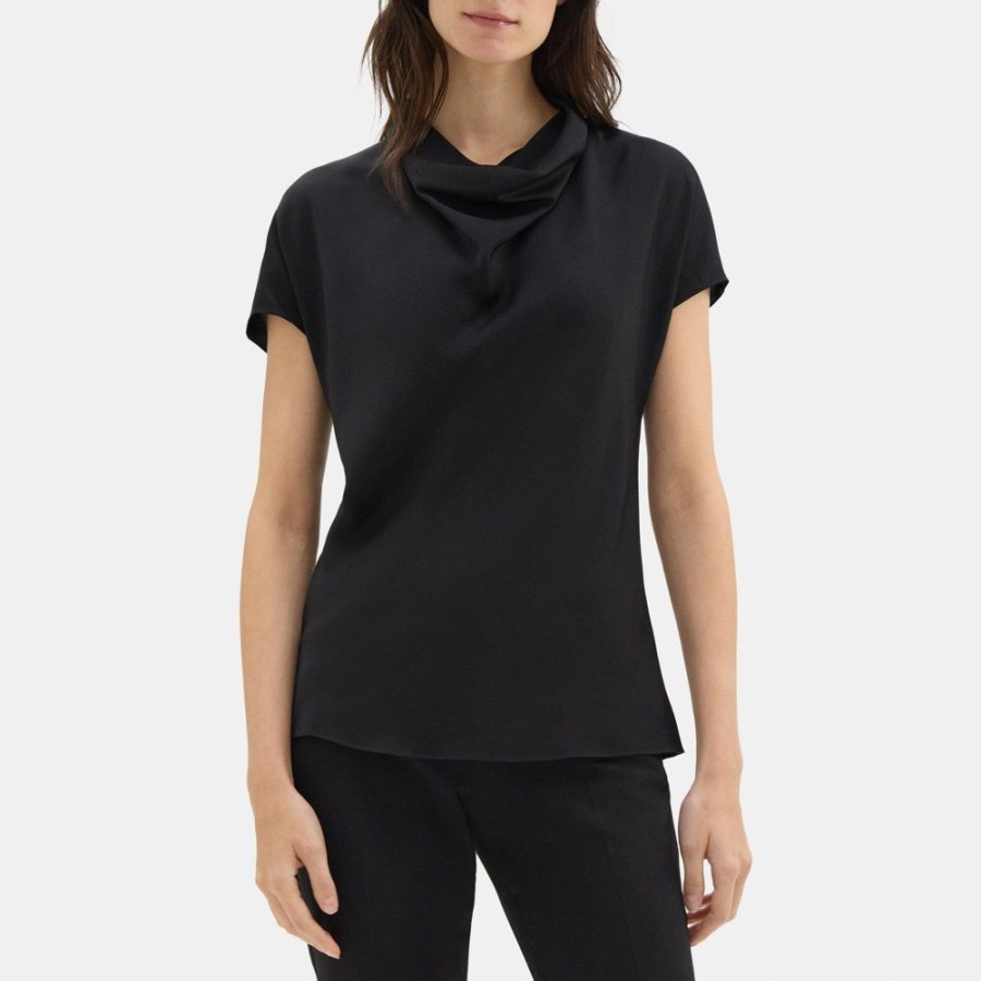 Women Theory Outlet | Short-Sleeve Cowl Top In Silk Georgette Black