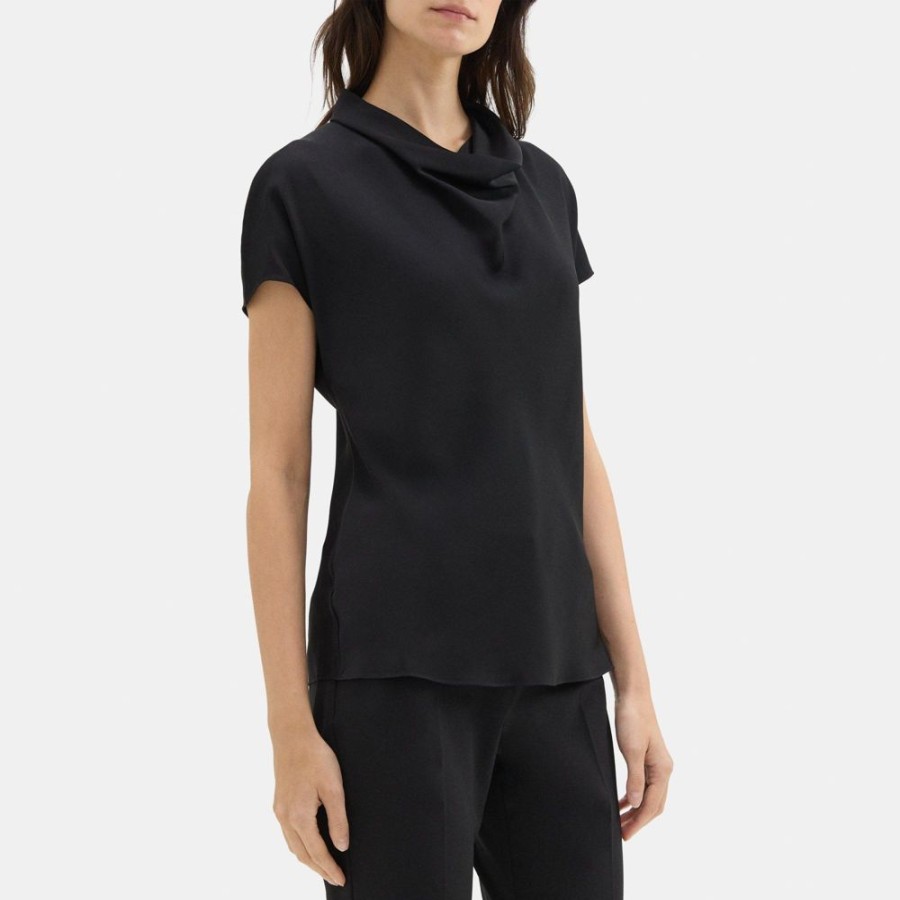 Women Theory Outlet | Short-Sleeve Cowl Top In Silk Georgette Black