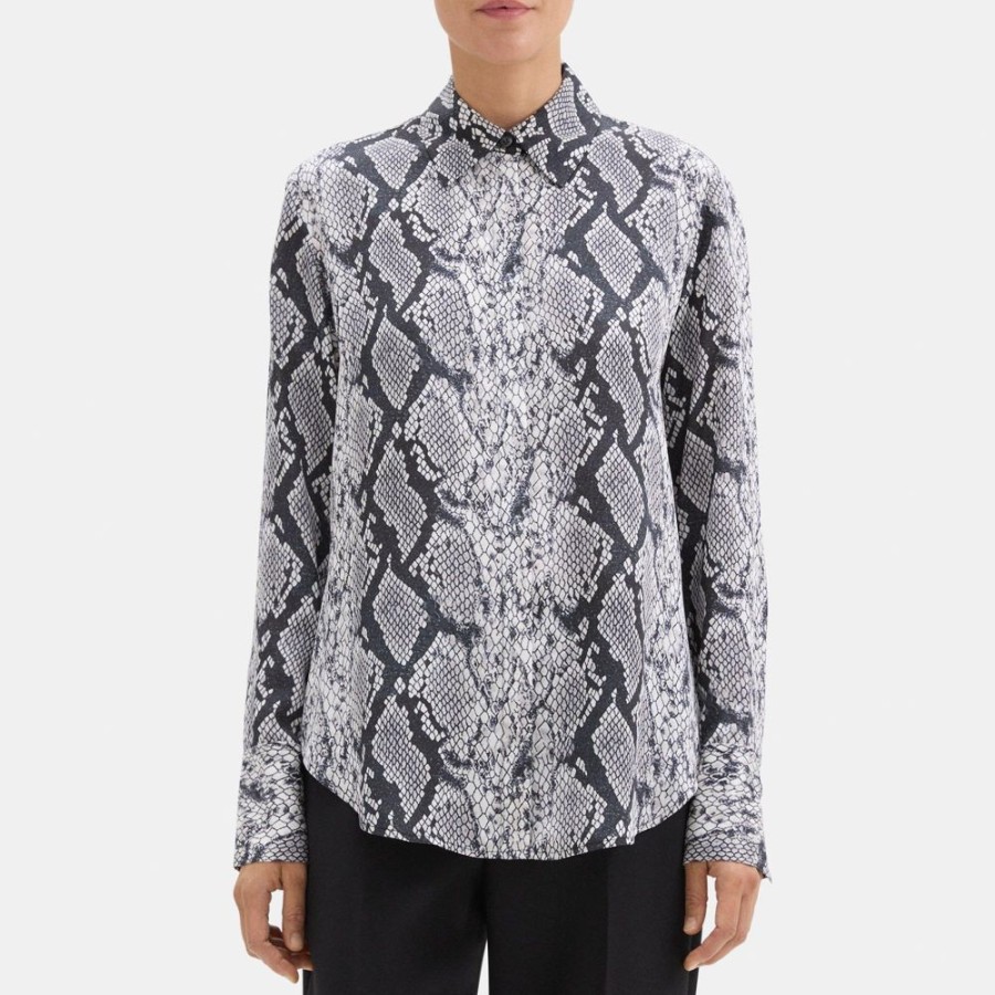 Women Theory Outlet | Relaxed Shirt In Python-Printed Silk Georgette Grey Multi