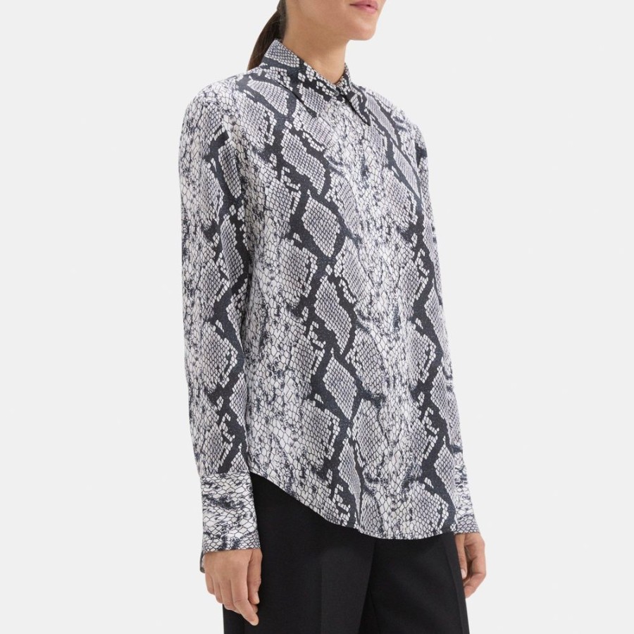 Women Theory Outlet | Relaxed Shirt In Python-Printed Silk Georgette Grey Multi