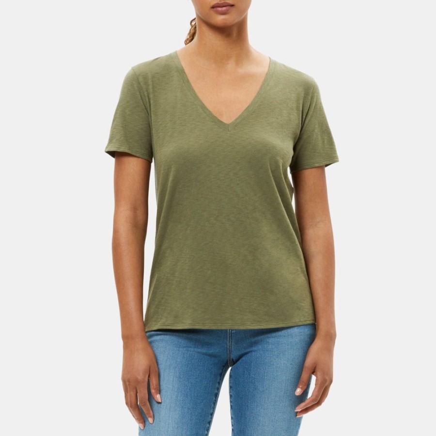 Women Theory Outlet | V-Neck Tee In Slub Cotton Bright Army