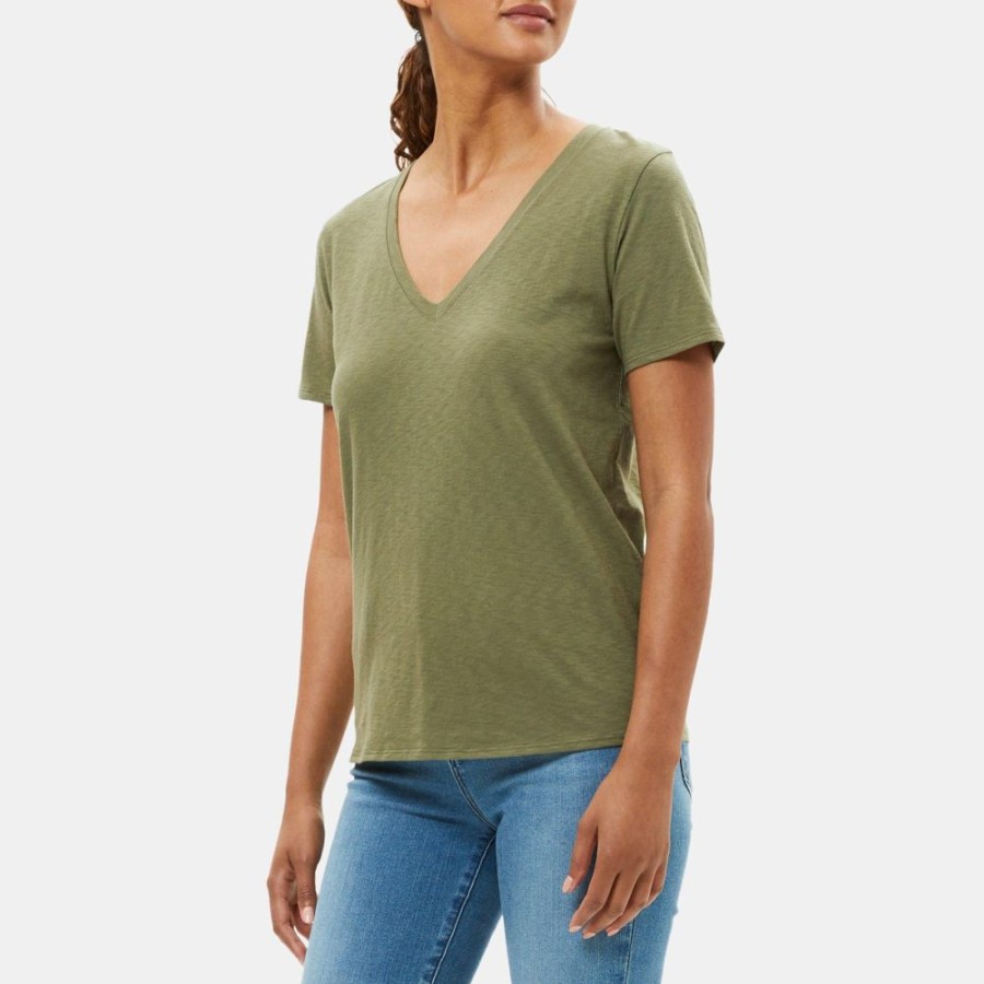 Women Theory Outlet | V-Neck Tee In Slub Cotton Bright Army