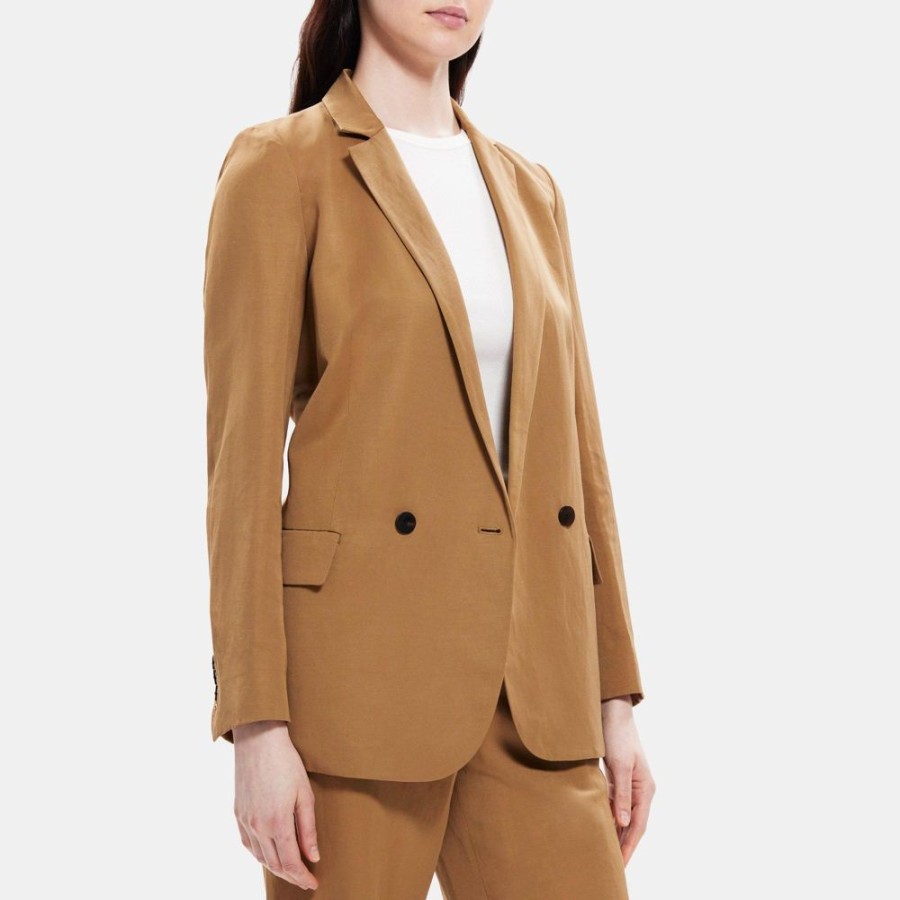 Women Theory Outlet | Double-Breasted Blazer In Linen-Blend Fawn