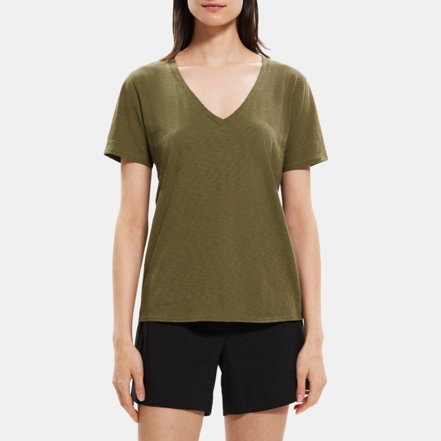 Women Theory Outlet | V-Neck Tee In Slub Cotton Burnt Olive