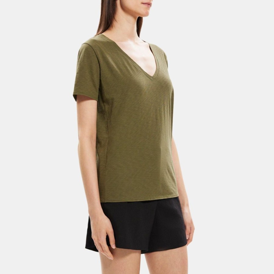 Women Theory Outlet | V-Neck Tee In Slub Cotton Burnt Olive