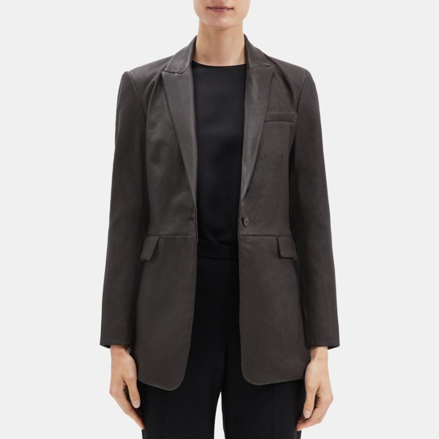 Women Theory Outlet | Single-Breasted Blazer In Leather Chocolate Brown