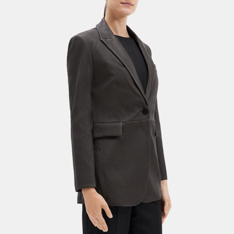 Women Theory Outlet | Single-Breasted Blazer In Leather Chocolate Brown