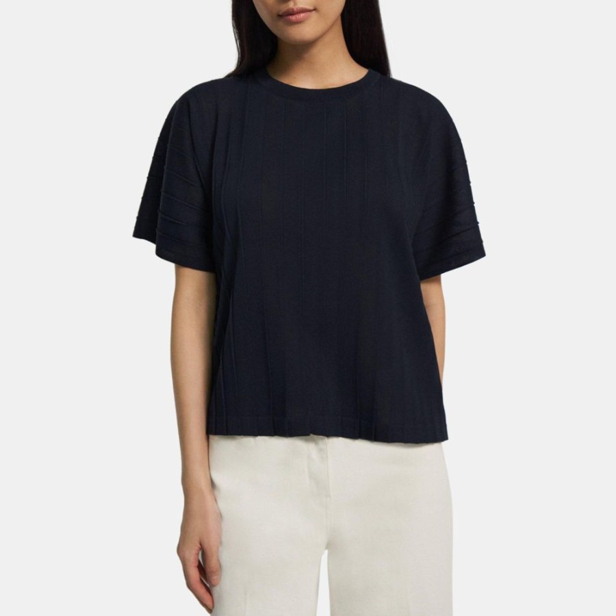 Women Theory Outlet | Pleated Short-Sleeve Sweater In Cotton Blend Navy