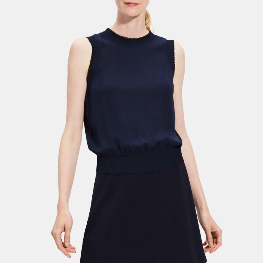 Women Theory Outlet | Blanket Stitch Shell Top In Silk Georgette Deep Navy