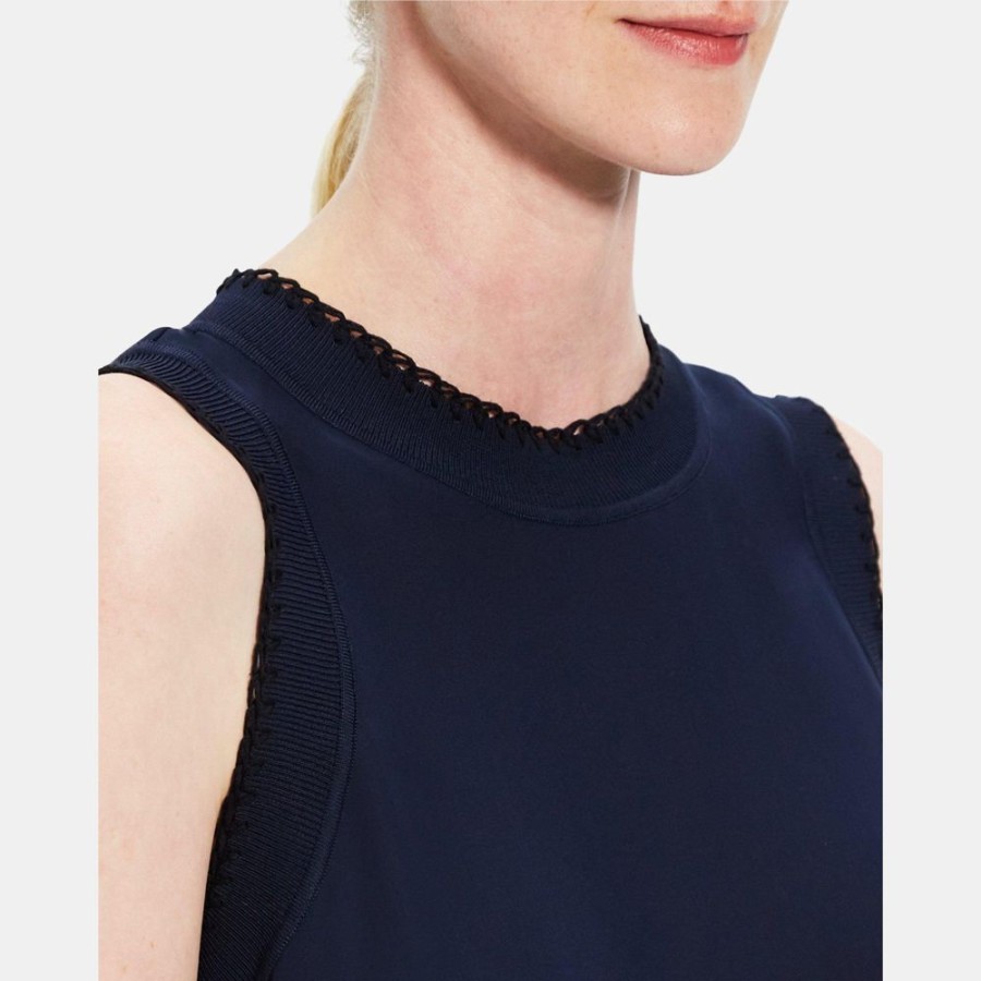 Women Theory Outlet | Blanket Stitch Shell Top In Silk Georgette Deep Navy