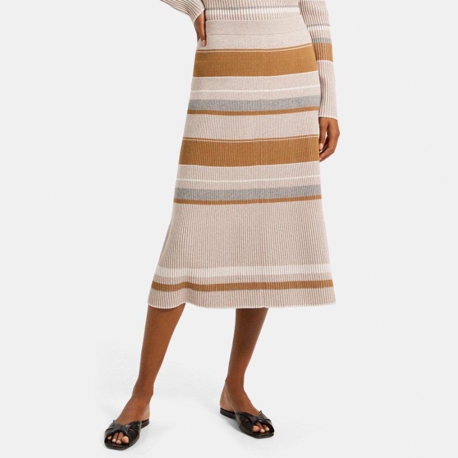 Women Theory Outlet | Pencil Skirt In Striped Stretch Viscose Knit Camel Multi