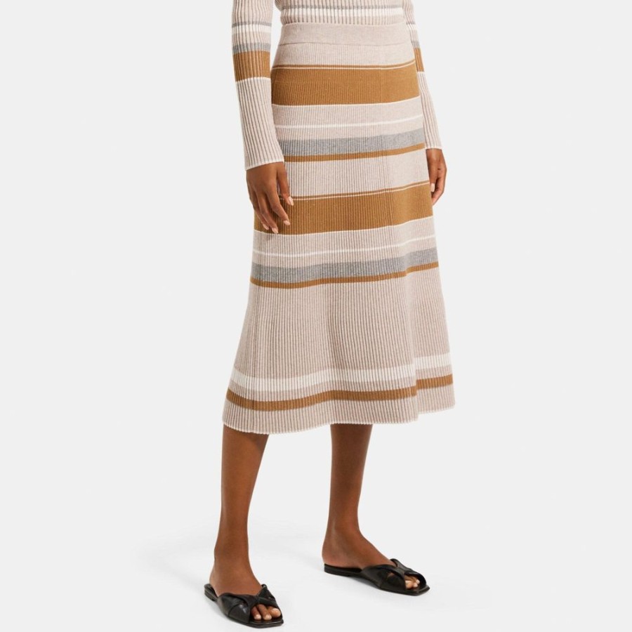 Women Theory Outlet | Pencil Skirt In Striped Stretch Viscose Knit Camel Multi