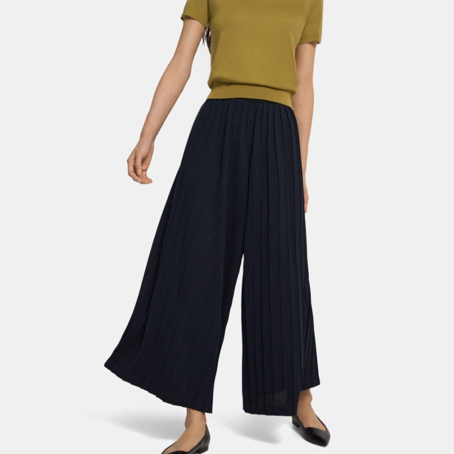 Women Theory Outlet | Pleated Palazzo Pant In Cotton Blend Navy