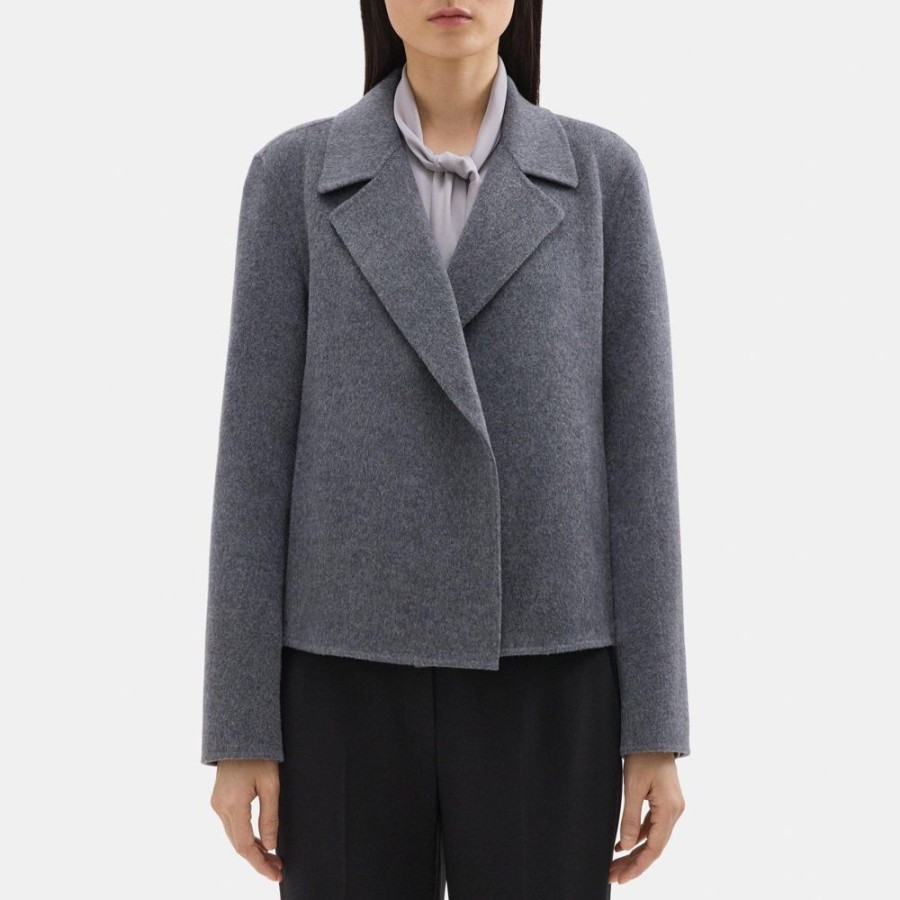 Women Theory Outlet | Cropped Open Front Jacket In Double-Face Wool-Cashmere Dark Grey Melange