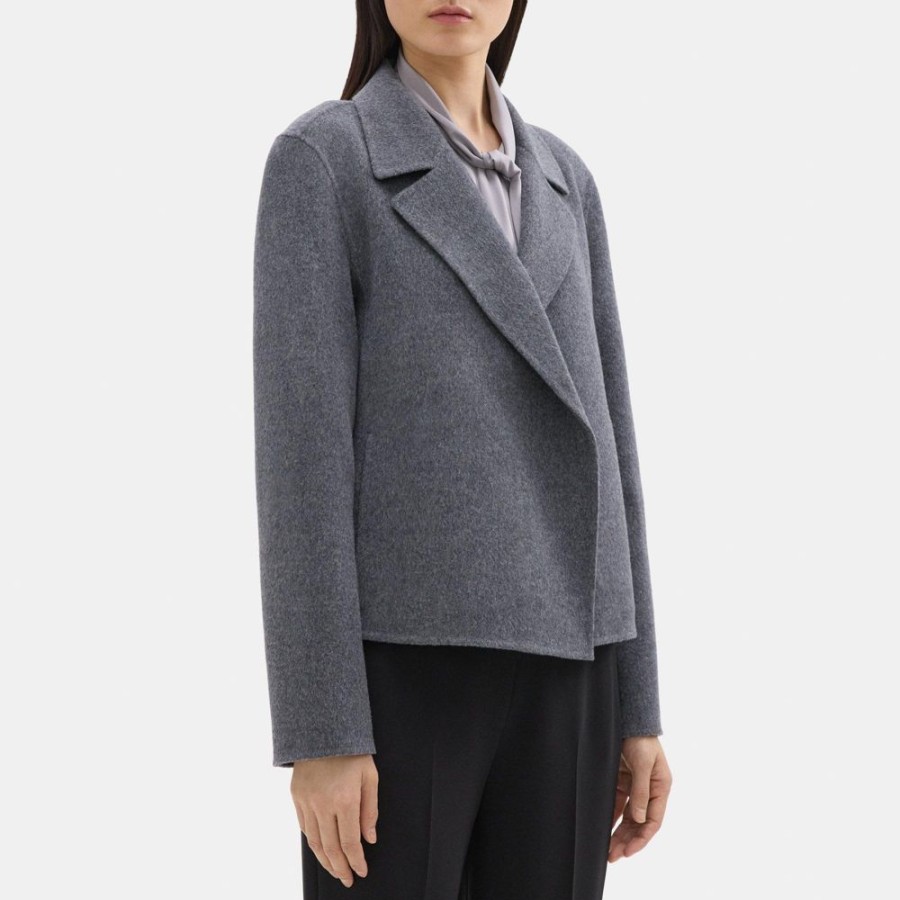 Women Theory Outlet | Cropped Open Front Jacket In Double-Face Wool-Cashmere Dark Grey Melange