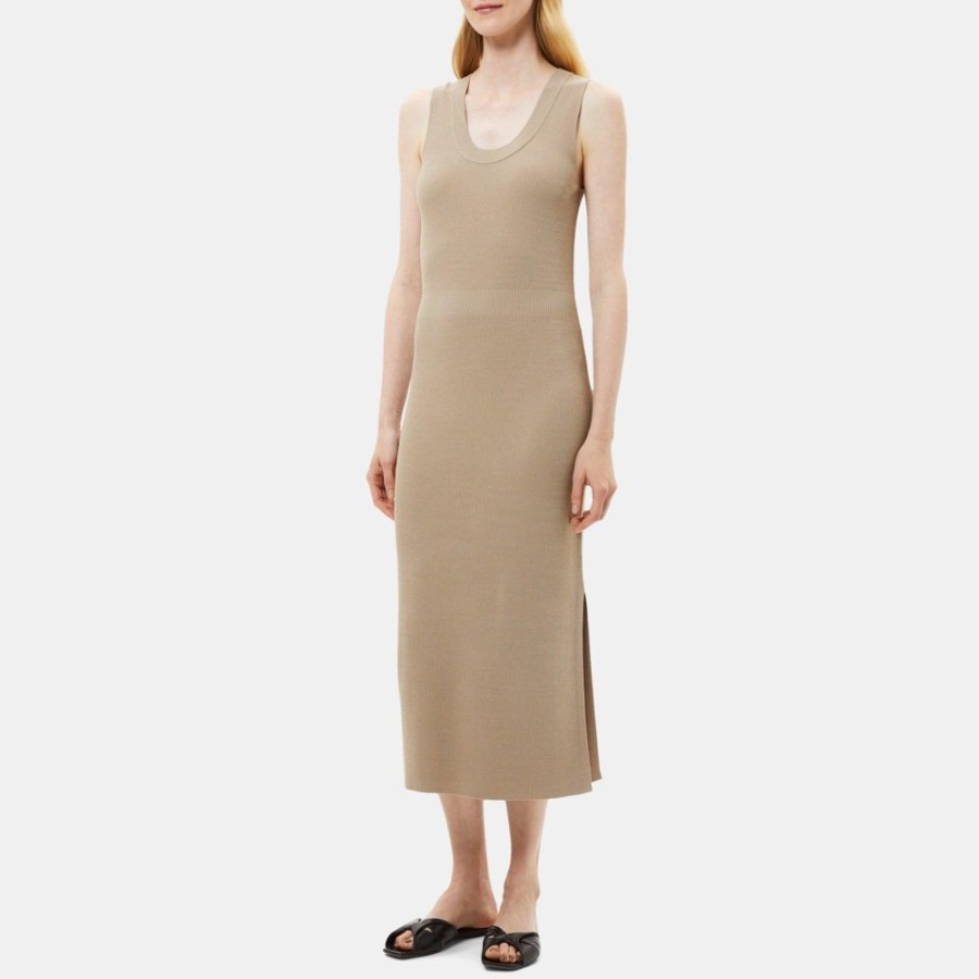 Women Theory Outlet | Sleeveless Dress In Crepe Knit Dark Oatmeal